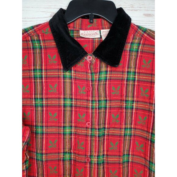 Basic Edition Holiday Mistletoe Thick Collar Button Up Red Green Large Shirt - Picture 4 of 10